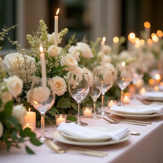 花で装飾されたウェディングイベントのテーブル